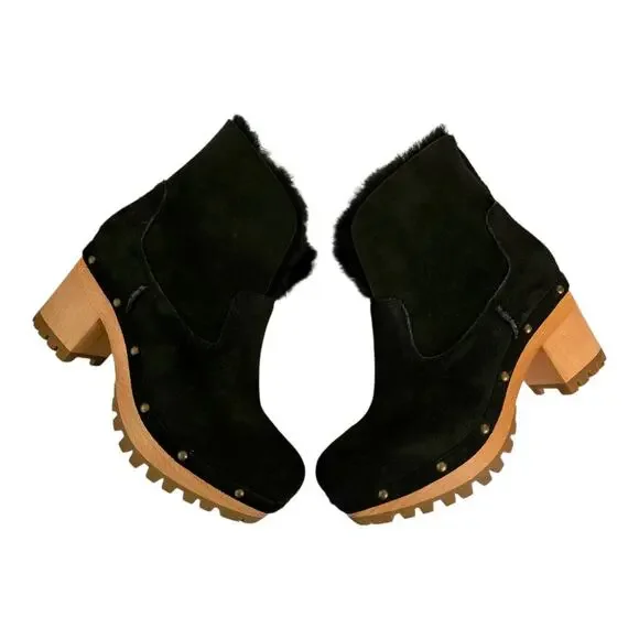 Ugg Thebes Black Suede Fur Lined Clog Boots Size 6 Chunky Platform Boho Winter - Picture 3 of 12